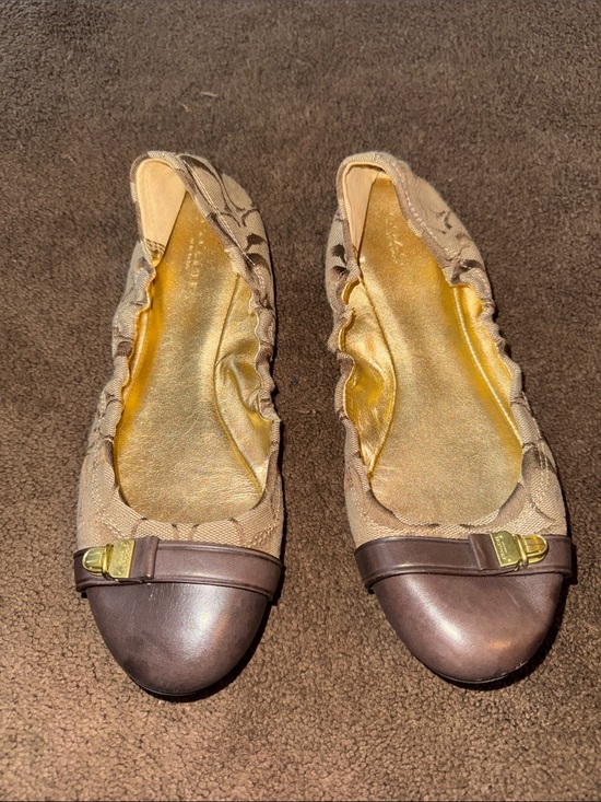 Coach Shoes - Coach Tan Signature Canvas and Brown Leather Toe Ballet Flats with Gold Buckle